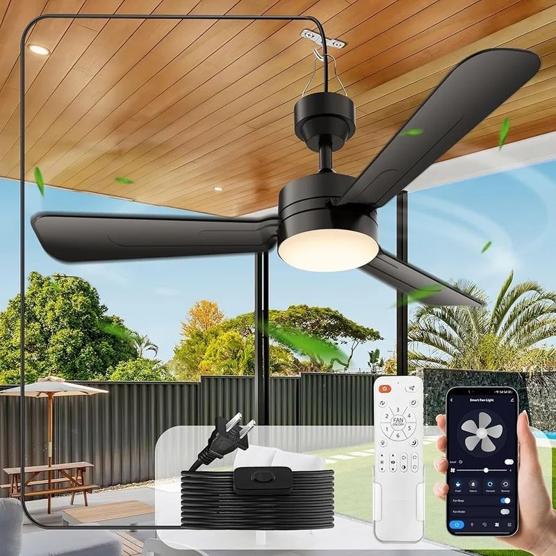 Plafondventilatoren met lichten, 36" LED ventilatorlamp hangend met haak, Hook type plafondventilator, Plug in plafondventilatorlamp, 40W,3000-6500k, Afstandsbediening, Draagbare ventilator voor campingbed, Terrassen, ((Zwart) N DFFFFFN`
